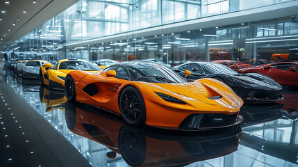 Poster - new cars in a showroom