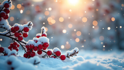 Wall Mural - Winter background with red berries in snow