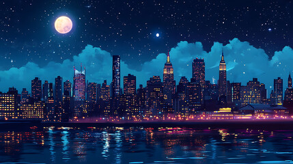 Aufkleber - New York Skyline at night with Moon