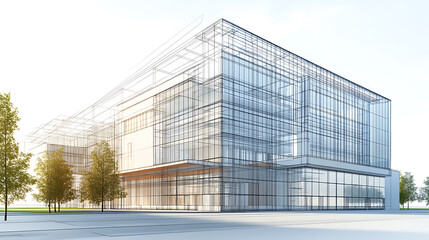 Fototapete - 3d rendering, wire frame model of industrial buildings