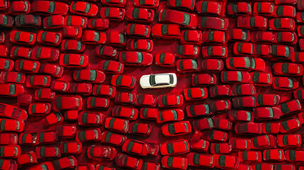 Fototapete - Hundreds of red cars, One white