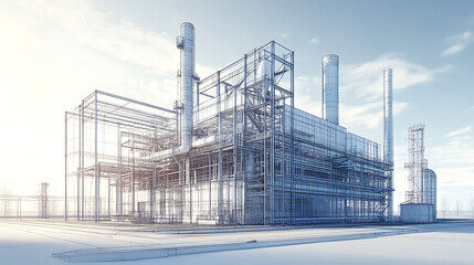 Fototapete - 3d rendering, wire frame model of industrial buildings