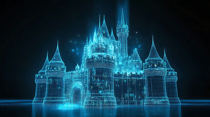 Fototapete - 3d rendering, wire frame model of castle with blue light ray