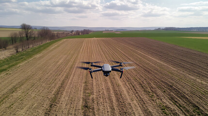 Poster - Drone with digital camera flying over cultivated field