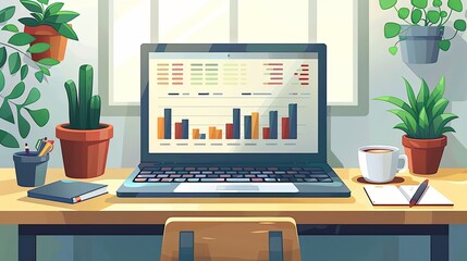 Wall Mural - A person analyzing financial charts on a laptop, desk with notepad and coffee, business finance and investment concept, sleek modern design