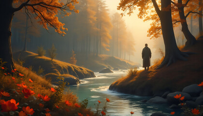 Wall Mural - Autumn landscape with a man by the river