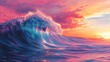 © milenialdesastudio - A large wave crashes against the shore at sunset, creating a beautiful and colorful scene.