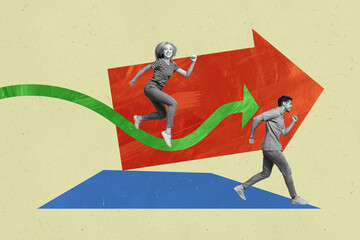 Aufkleber - Composite trend artwork 3D sketch image photo collage of arrow stats trader business success job young lady man run competition way route