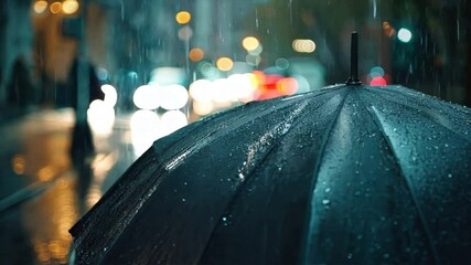 Poster - Close Up of Wet Black Umbrella in Rain with Glistening Droplets, City Lights Create Bokeh Effect, Evoking Cozy Weather on Street