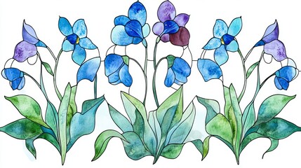 Wall Mural - Stained Glass Floral Design with Blue and Purple Flowers.