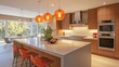 © Agus - Modern Kitchen Interior with Island, Orange Pendant Lights, and Stainless Steel Appliances