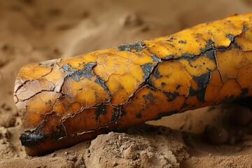 Poster - Close-up of a Cracked and Weathered Yellow Object on Sand