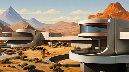 Poster - Retro futuristic architecture in sci-fi scene on the desert planet. Alien landscape with nostalgic retro future constructions