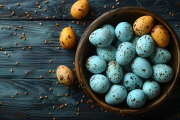 Wall Mural - Vibrant Easter Eggs in Rustic Wooden Bowl on Textured Surface