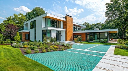 Wall Mural - White-wood house with a teal brick driveway and lush garden, captured in summer.