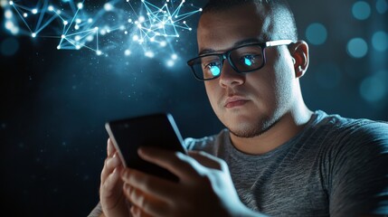 Poster - Man Engaged with Smartphone in a Digital Environment