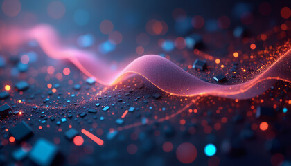 Poster - abstract red and blue wave-like lines flow across a black background, creating a digital, futuristic