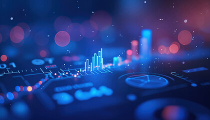 Poster - Abstract Financial Display with Bokeh Lights: Abstract digital financial display with bokeh lights and blue tones, symbolizing financial data and modern technology.