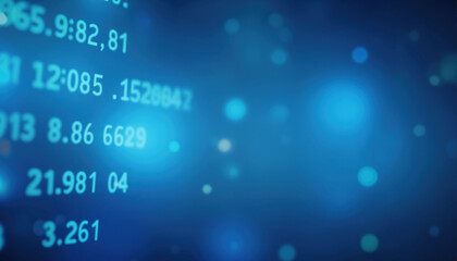 Poster - Close-Up Financial Data Display: Close-up of a digital financial screen displaying numerical data in a blue and teal color scheme, with a soft-focus effect.