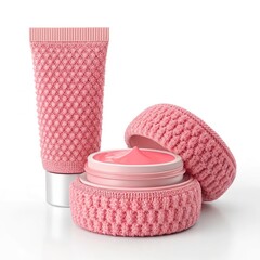 Knit-inspired cosmetic products on a clean white background for everyday skincare. Generative AI