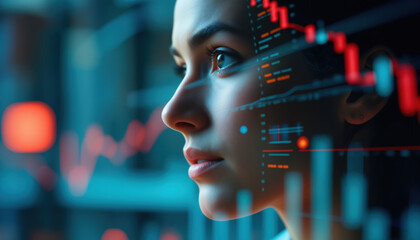 Poster - Businesswoman Observing Stock Market Data with Digital Interface: A businesswoman observing stock market data with a digital interface, representing modern finance and technology integration.