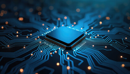 Poster - Blue Circuit Board with Processor: A blue circuit board with a processor at the center, symbolizing advanced computing and digital technology.