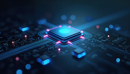 Poster - Glowing Processor with Circuit Lines: A glowing processor with circuit lines, representing cutting-edge computing and AI technology.