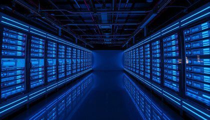 Poster - Long corridor in a data center with rows of servers, illuminated by bright lights and surrounded by a dark background. big data and AI hardware.