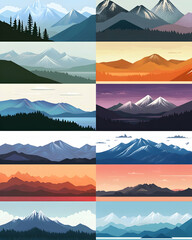 set of eight mountain landscape illustrations in different color palettes.