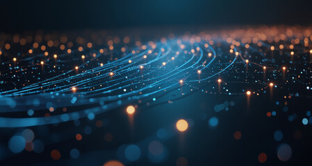 Poster - Abstract dark background with blue and orange lights connected in a network, representing digital connections and communication.
