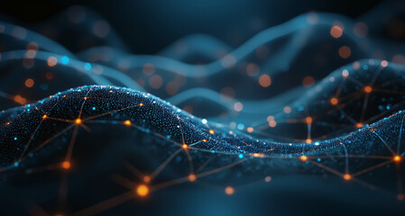 Poster - abstract dark blue background with dna-like lines and dots, representing genetic data and digital te