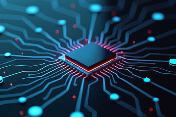 Poster - a computer chip centered on a circuit board, illuminated by blue and red lights. the radial arrangem