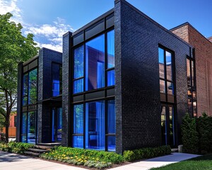 Wall Mural - Sleek, minimalist black brick townhouse in Chicago with distinctive blue glass windows.