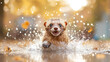 © VERTEX SPACE - A playful animal splashes joyfully in water, surrounded by sparkling droplets and autumn leaves. scene captures moment of pure happiness and energy