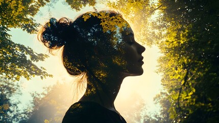 Aufkleber - Silhouette Woman Among Trees with Sunlight