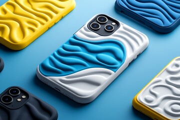 Wall Mural - A 3D illustration of a phone case with a textured design, showing different angles to highlight its intricate details