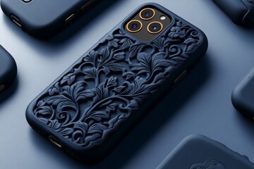 Poster - A 3D illustration of a phone case with a textured design, showing different angles to highlight its intricate details