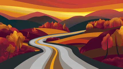 Wall Mural - winding road meanders through vibrant autumn landscapes, showcasing colorful trees and rolling hills under warm sunset sky. scene evokes sense of tranquility and adventure