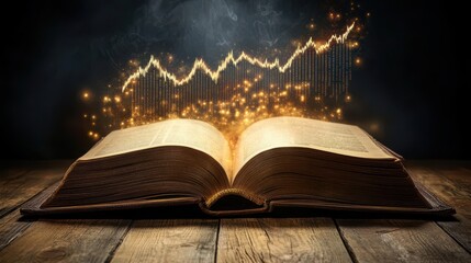 Poster - Open Book with Sparkling Financial Graph in Dark Room