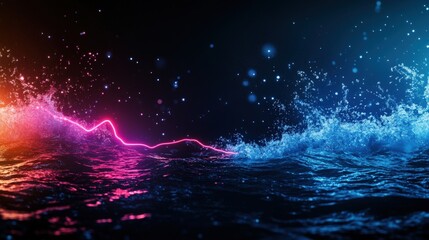 Poster - Abstract digital wave with colorful neon lights and water splash, creating a dynamic and futuristic visual experience.