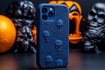 Poster - A gothic-inspired phone case with intricate patterns of skulls and ravens, set against a deep, dark background