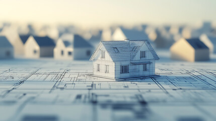 Poster - abstract architecture background blueprint house plan and wire frame model of building