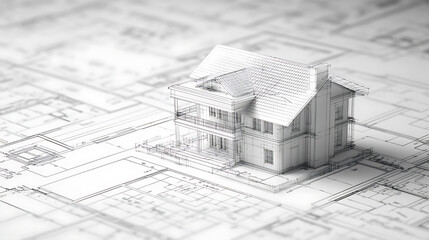 Fototapete - abstract architecture background blueprint house plan and wire frame model of building