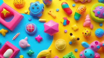 Poster - A colorful assortment of toys, arranged on a blue and yellow background.