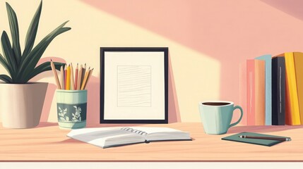 Poster - A cozy workspace with a book, pencils, a cup of coffee, and a framed picture.
