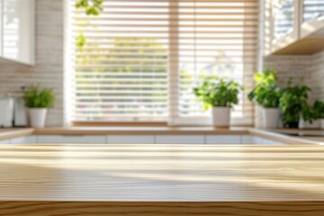 Aufkleber - Empty wooden table top on blurred background of modern kitchen interior