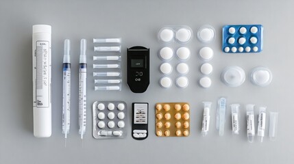 Poster - A flat lay of various medical supplies, including syringes, pills, and a digital thermometer, against a light gray background.