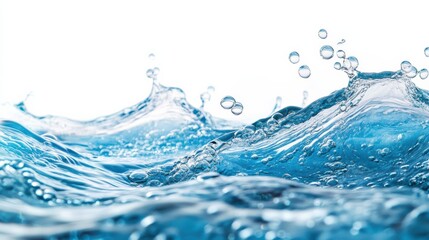 Poster - Clean blue water waves splashing and forming bubbles on white background