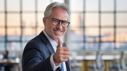 Wall Mural - Smiling middle-aged Caucasian man in a suit giving a thumbs-up in a modern office with a sunset backdrop, conveying confidence and positivity.