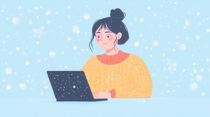 Wall Mural - A young woman in a yellow sweater smiles as she works on her laptop in front of a snowy background.